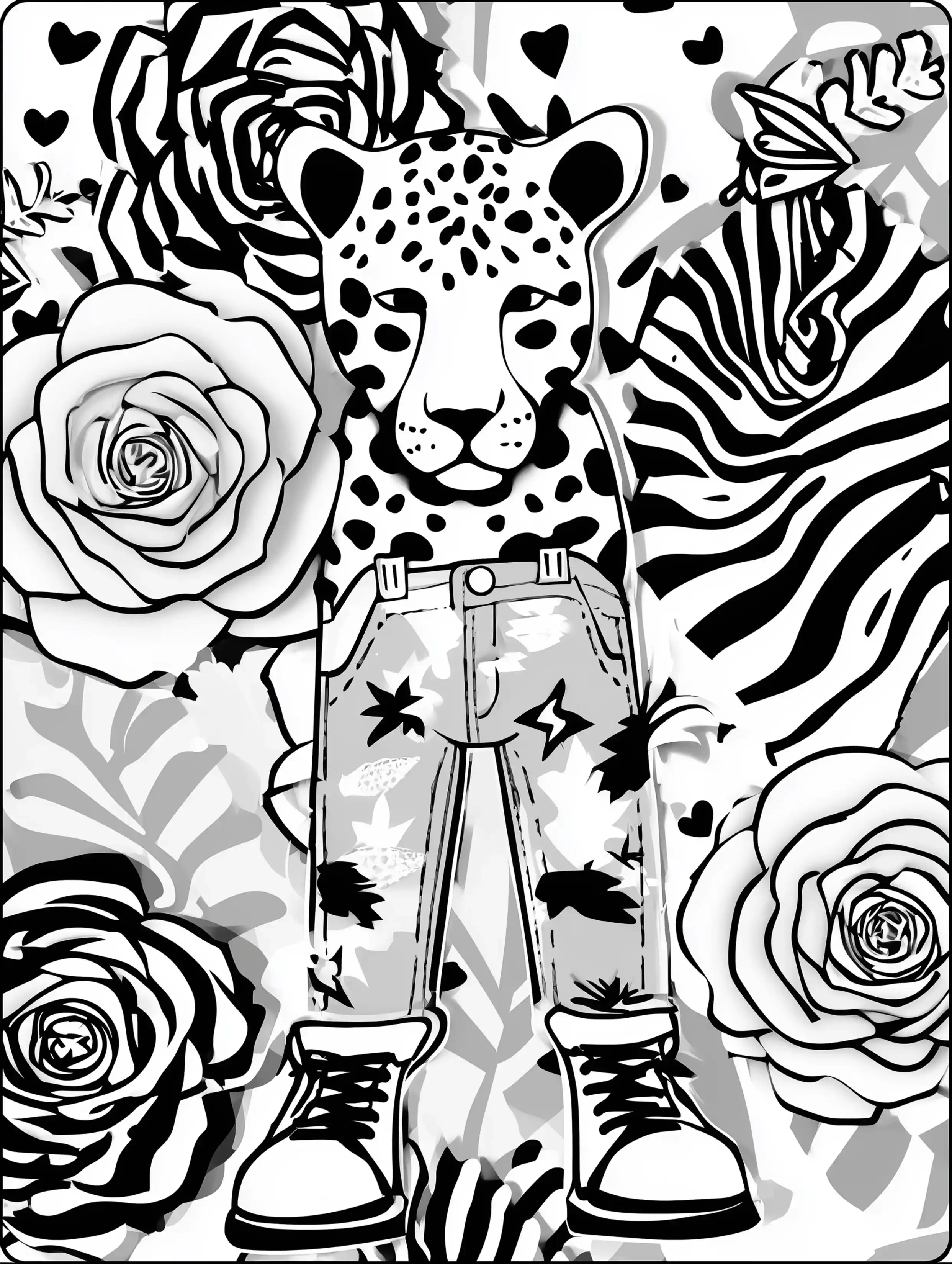 Free cheetah printable coloring page featuring a cheetah wearing jeans
